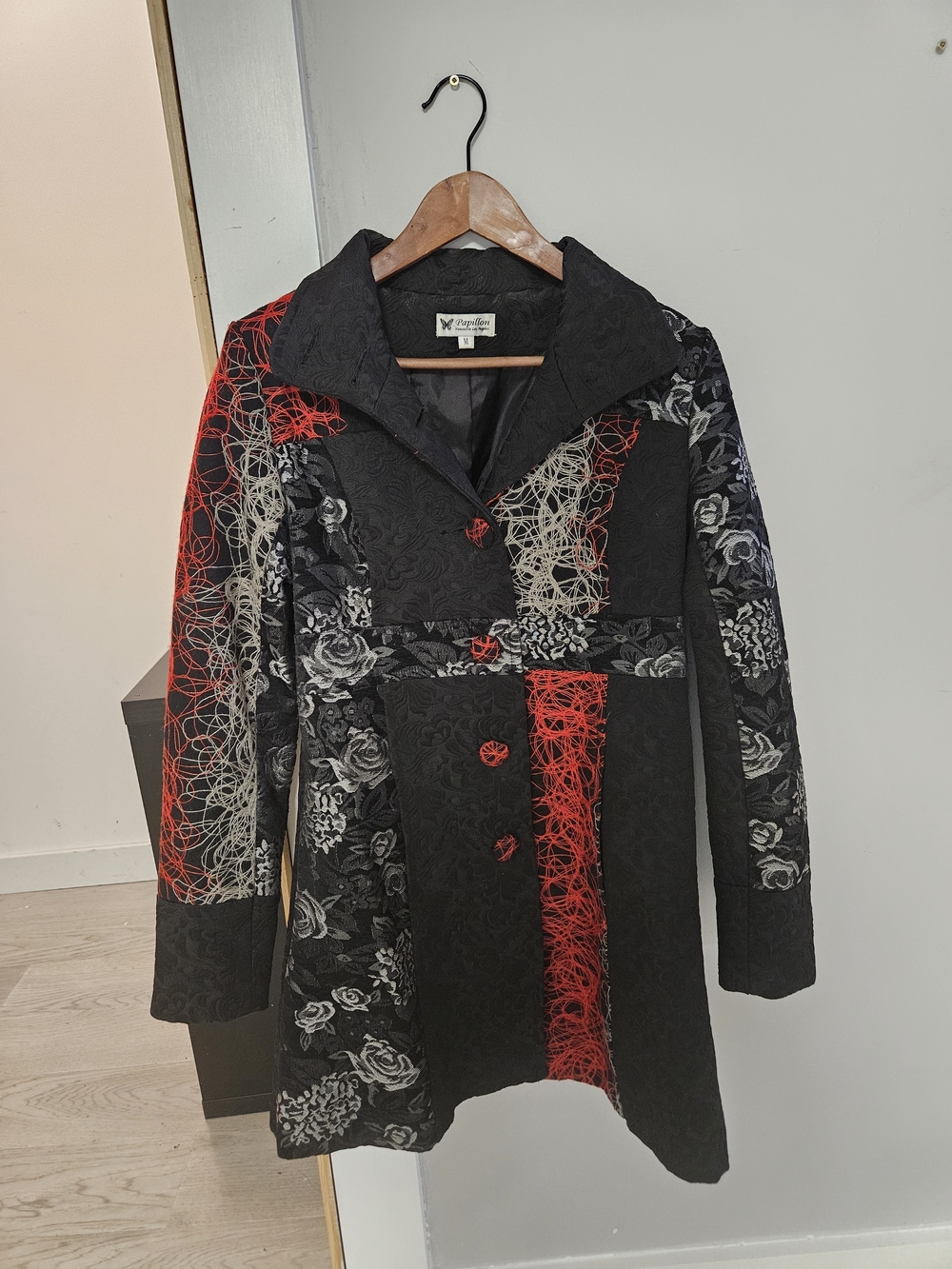 Black Tailored Coat With Red And Grey Threadwork In Medium